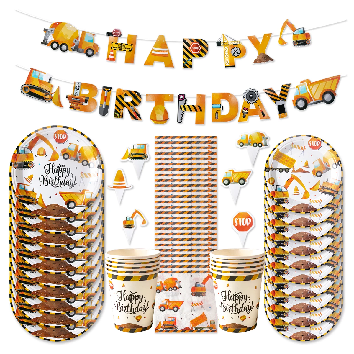 Building Construction Themed Tractor Excavator Paper Plate Banner Balloon Birthday Party Decoration  Kids Boys Party Supplies