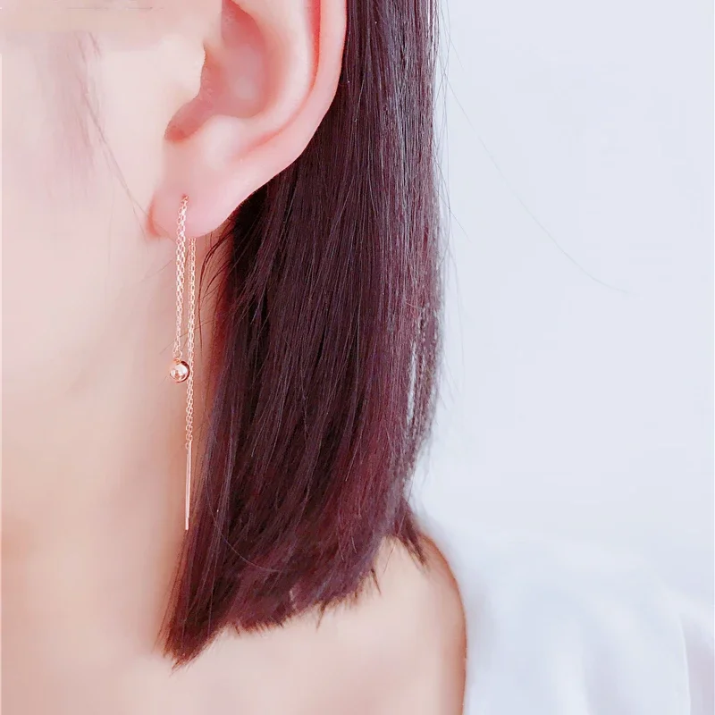 Classic Simplicity Round Glossy Bead Copper Plated Rose Gold Long Earings Double Chains Earrings for Women Party Jewelry