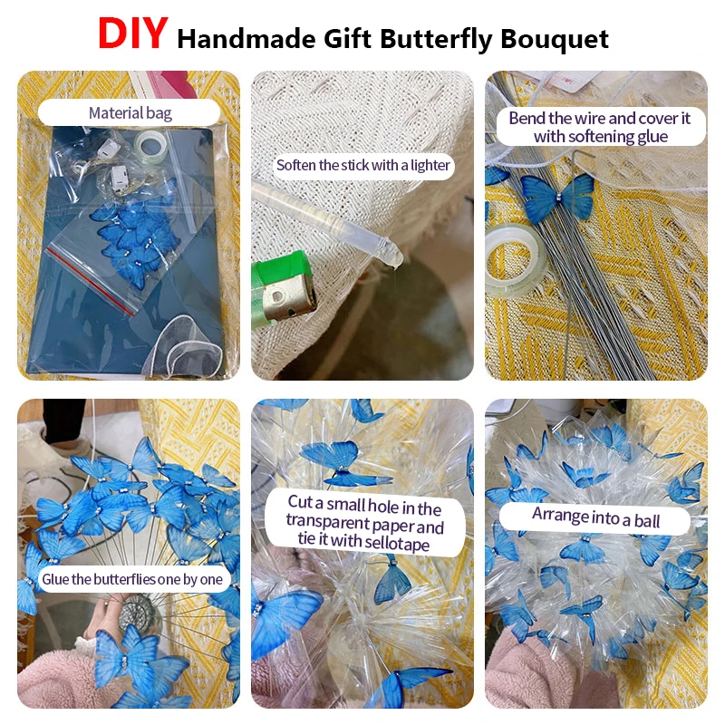 Handmade Butterfly Flower Material Package Bouquet with Light String Diy Butterfly Bouquets Wedding Decor Gift for Girlfriend