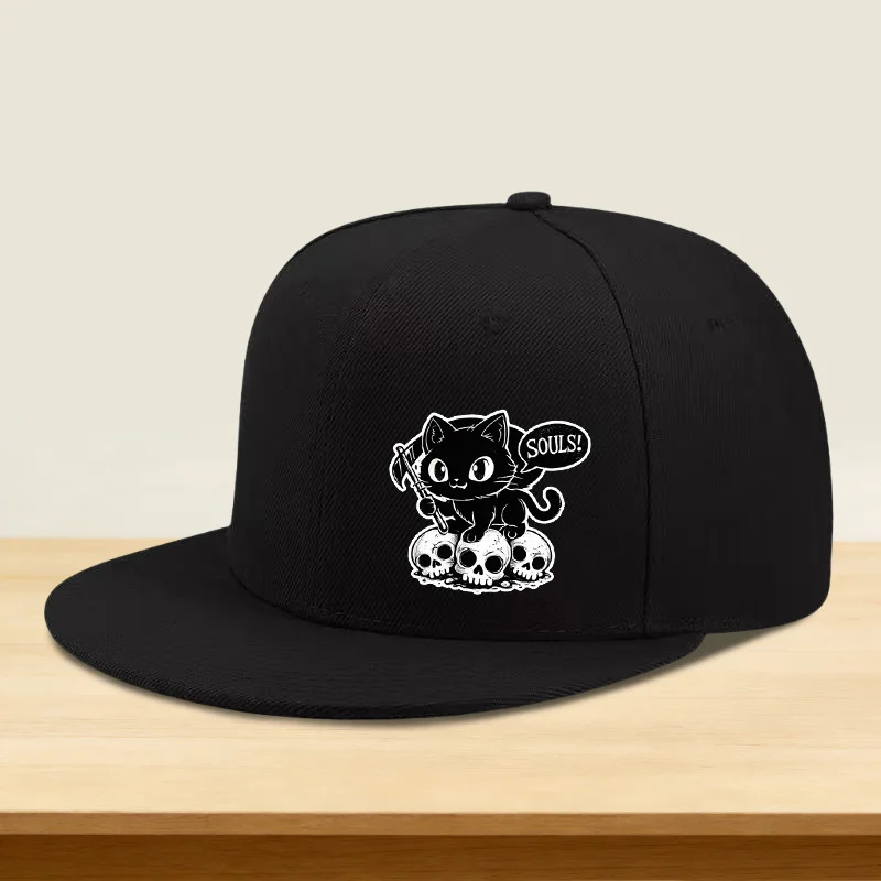 1pc Hip-Hop Skull Skeleton Scythe Printed Black Cat Flat Brim High Top Cap for Men and Women, Outdoor Sports Style, Ideal Gift f