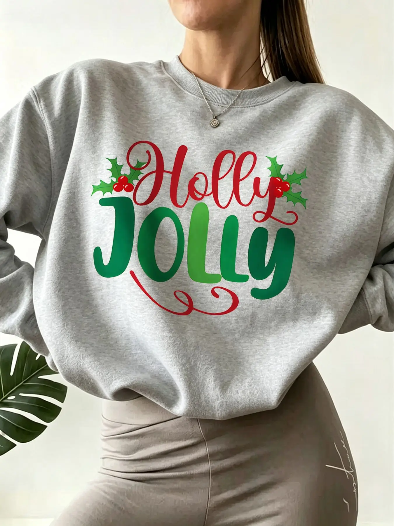 Cozy Christmas Women Crewneck Sweatshirt Holly Jolly Holly Berry Graphic Print Oversized Fleece Long Sleeve Pullover Winter Holiday Street Top