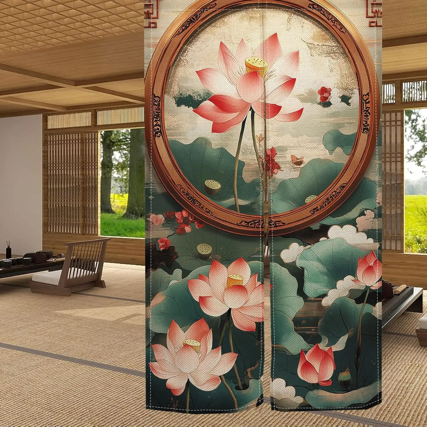 Tranquil Chinese Lotus Curtain, Vintage Background Circular Frame, Lotus & Cloud Print For Entryway & Study, Elegant Oriental