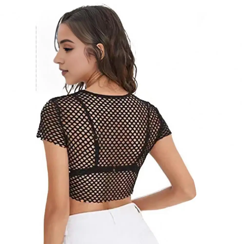 Sexy Women Blouse Sheer Mesh Crop Tops O-neck Short Sleeve Slim Solid Color Perspective Short Top Navel Exposed Tee Shirt