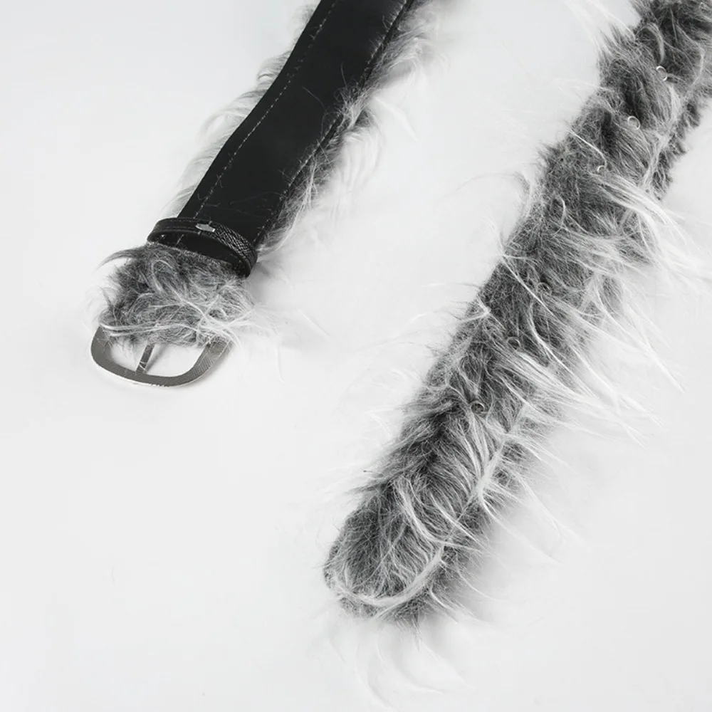 Cinturón de pelo largo gris Vintage a la moda, decoración de pantalones vaqueros Y2K, cinturón de piel sintética, pretina peluda elegante de Hip-hop, ropa de calle