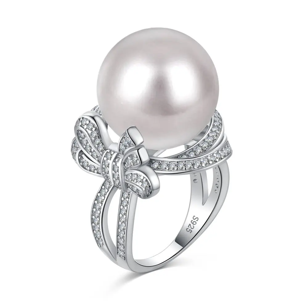 S925 Silver Ring Zircon Set with High Quality Freshwater Pearl Temperament Closed Ring Bow Ring Jewelry