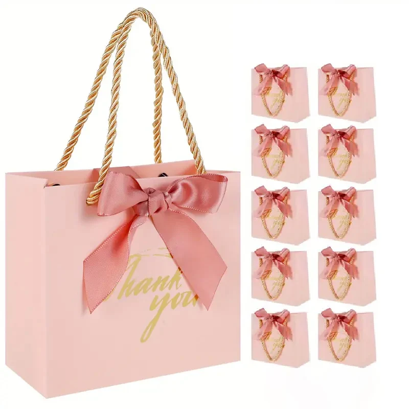 10pcs Pink Thank You Gift Bags - Reusable & Durable Paper Bags with Stylish Handles - Perfect for Birthday, Wedding Party Favors