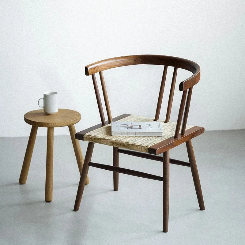 Modern Minimalist Outdoor Back Chair Nordic Solid Wood Dining Chair Hand-Woven Leisure Rattan Chair Living Room Reclining