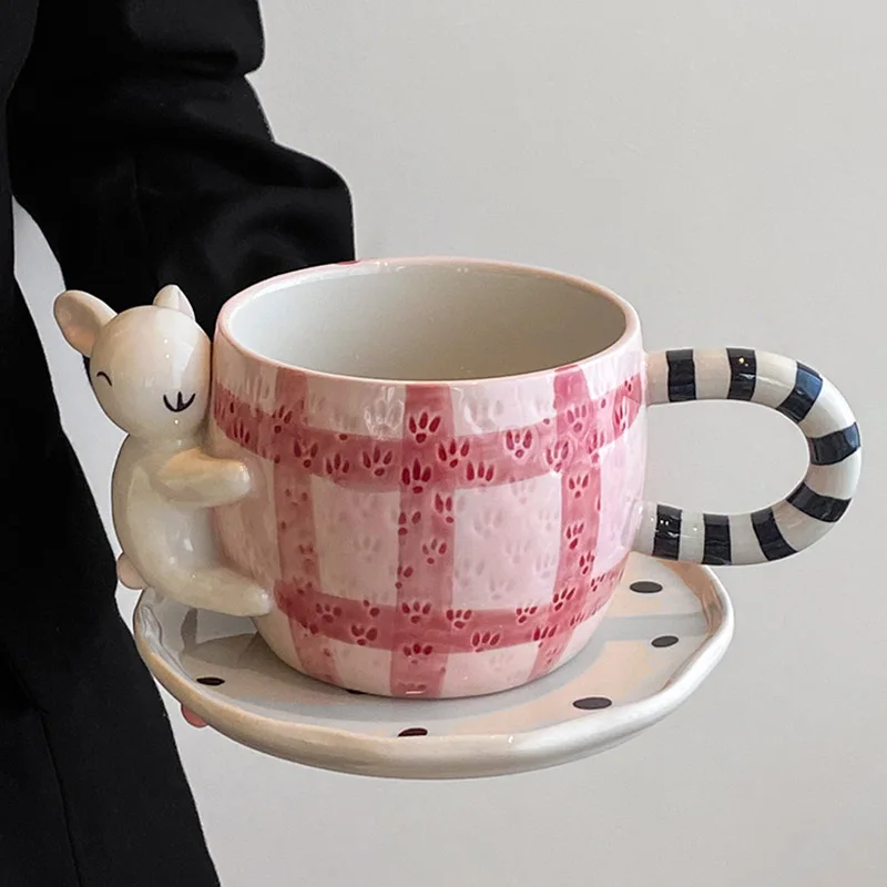 Ceramic Coffee Cup Dish Set Household Creative Animal Mugs Fashion Contrast Color Drinking Cups Cute Dessert Small Plate