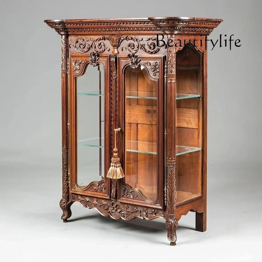 

European retro solid wood carving old entrance cabinet French engraving classical medieval glass display wine cabinet