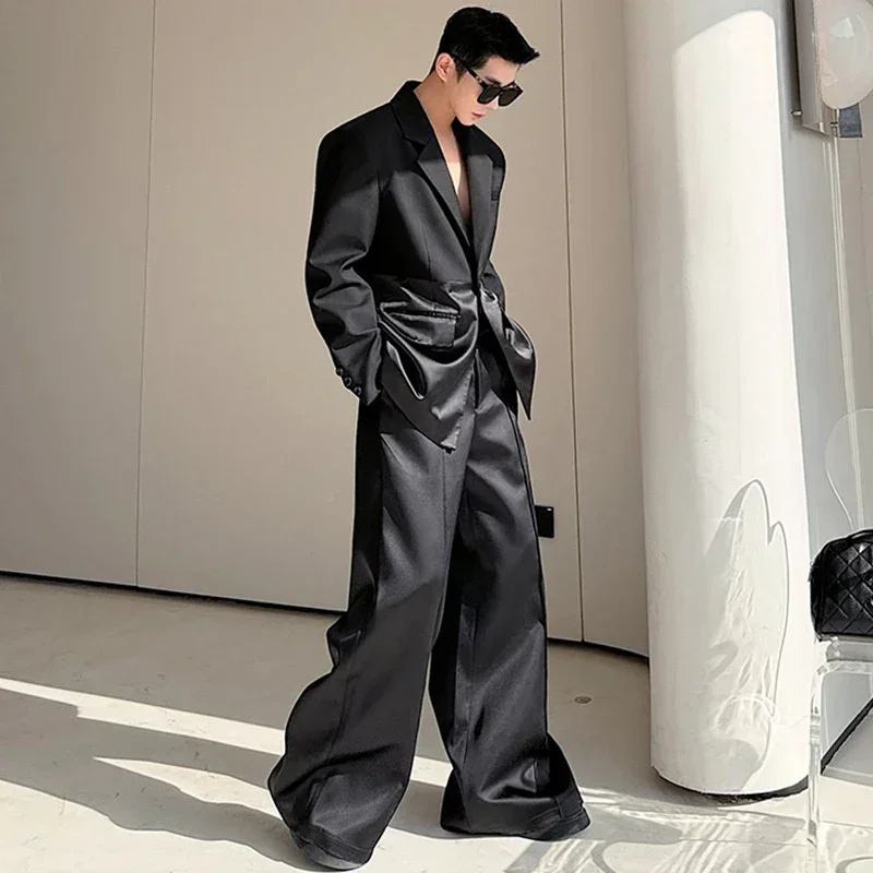 Patchwork Men's Suit Niche Design Turn-down Collar Large Pocket Male Blazers Solid Color Men Wide Leg Pants New Chic 9C4556