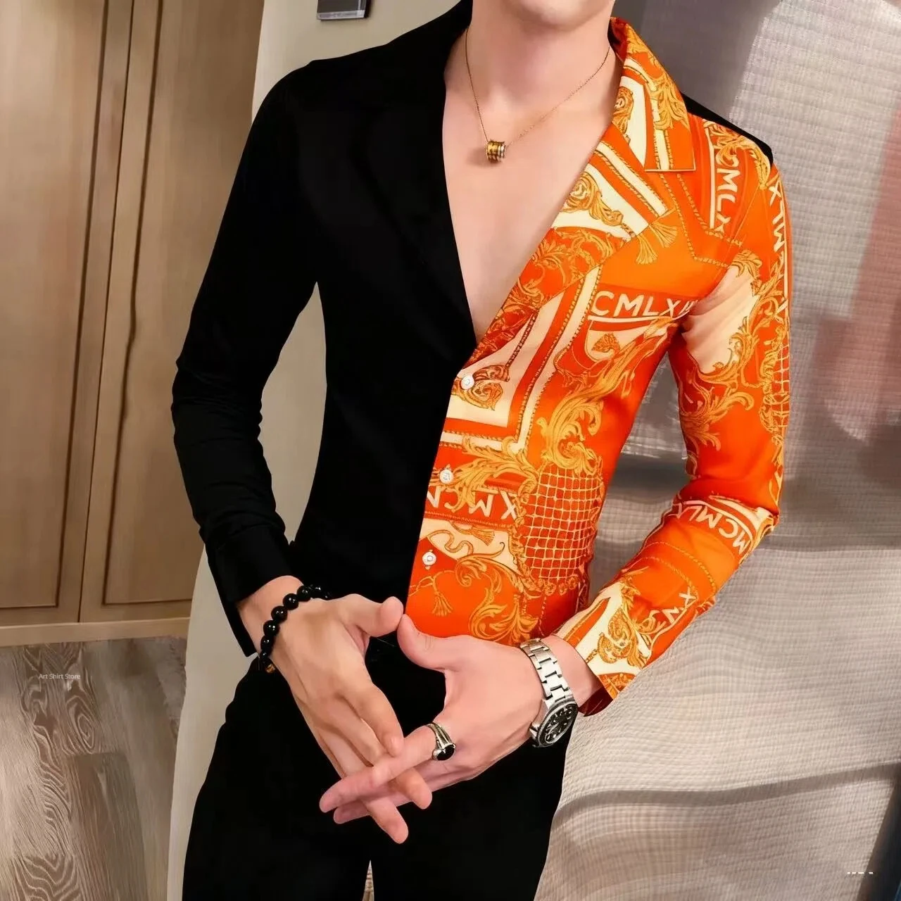 2025 trendy men's fashion luxury gold Baroque chain button up shirt for spring and autumn casual long sleeved shirt