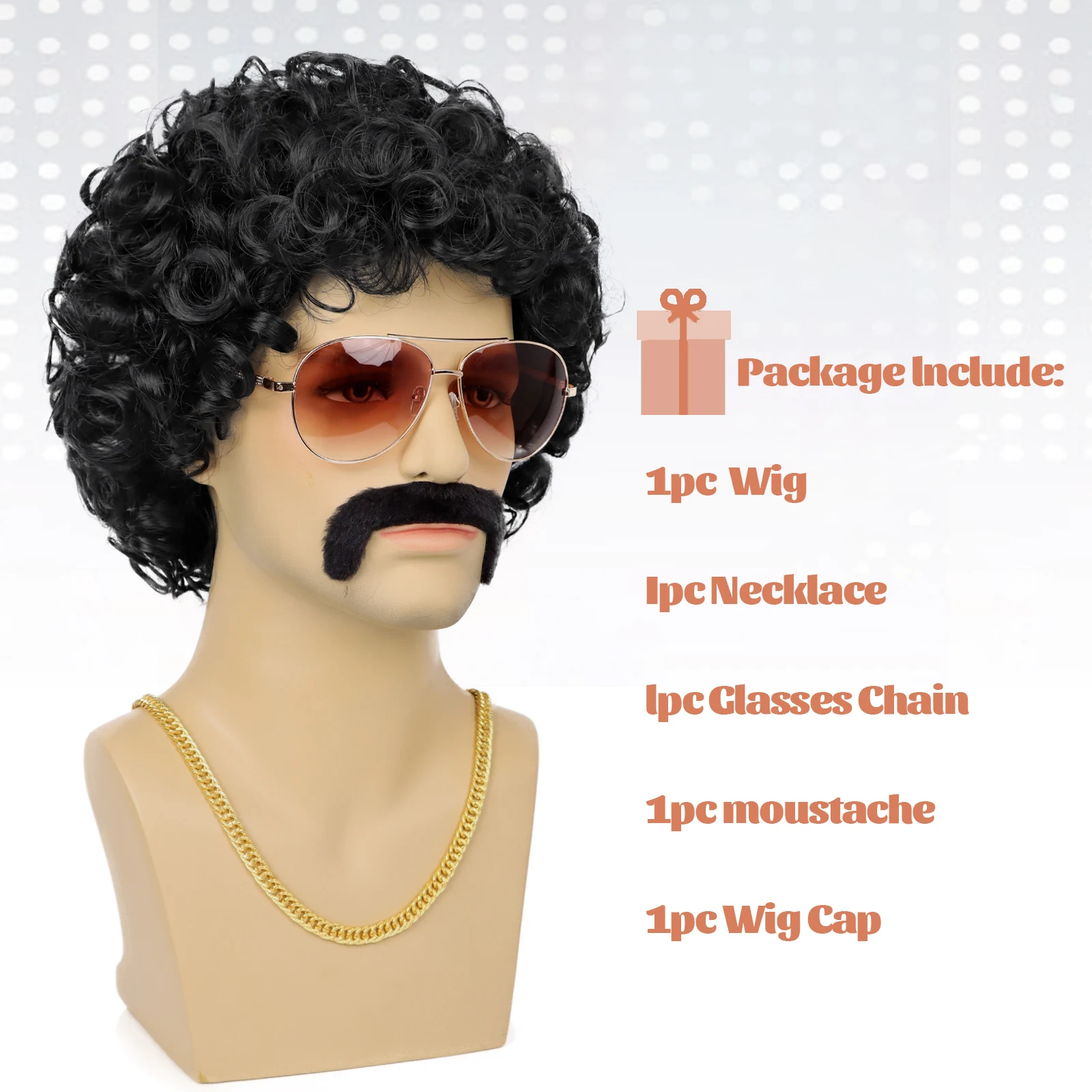 شعر مستعار ديسكو مع نظارات شارب ، عقد ذئب صناعي ، سلسلة ذهبية ، شعر صناعي مجعد قصير ، هزاز أفريقي للرجال ، 70s ، 80s ، 5 Set #4