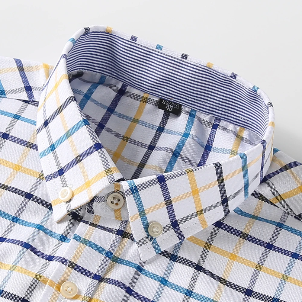 Men's 100% Cotton Long Sleeve Oxford Button Down Shirt with Pocket, Comfortable Small Check Color Block Casual Menswear Clothing