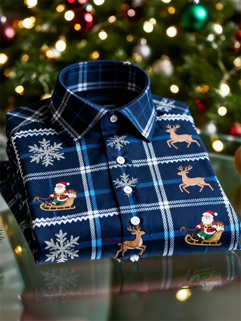 Men's Satin Luxury Long Sleeved Shirt, Red Gold Bell Snowflake Pine Print Lapel Button Shirt, Christmas Party High-quality Shirt