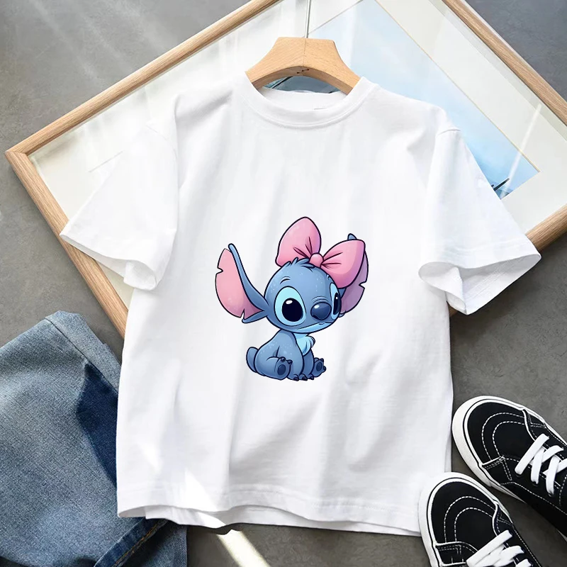 

Stitch Bowknot Children T-Shirts New Kids Tee Shirt Cartoons Kawaii Casual Clothes Anime for Boy Girl Tops Short Sleeve Clothing