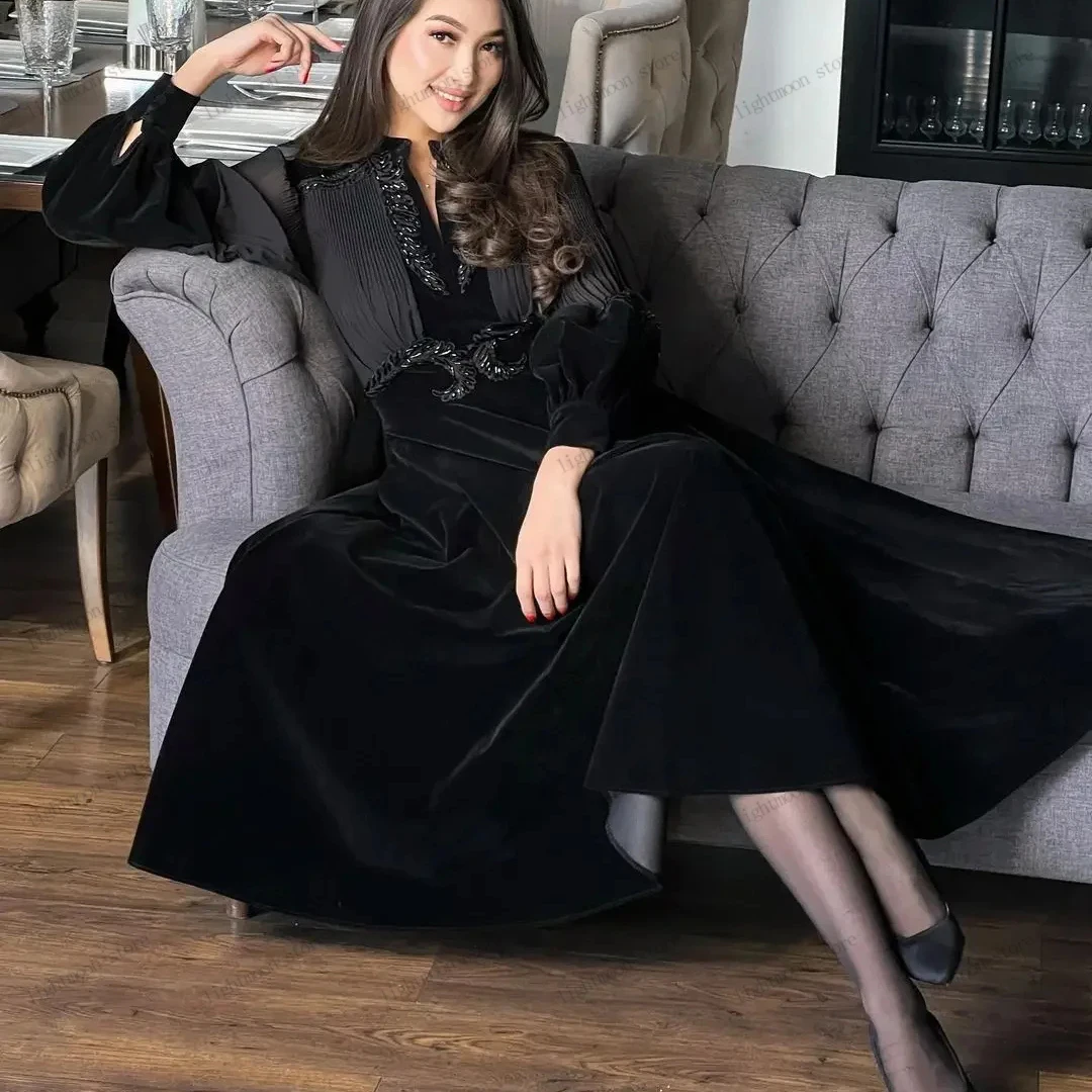 

Modest Prom Dress A-Line Tea-Length Evening Dress Full Sleeves Satin Ball Gowns Elegant Robes For Formal Party Vestidos De Gala