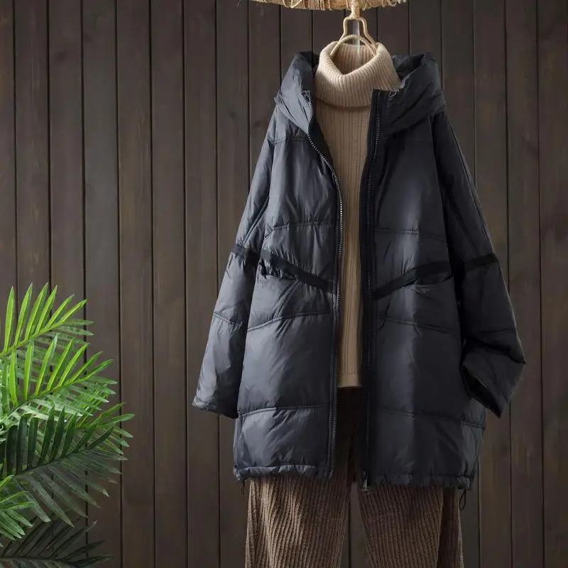 

Warm White Du down Oversized Jaet with Belt Korean Sle Commute Faion Zipper Long Sve Hooded Mid-Length Coat