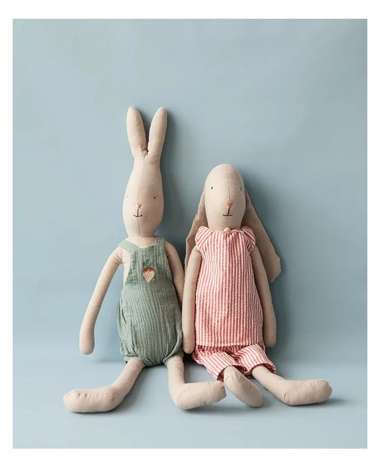 Large Lop Rabbit Cotton Toy with Removable Bib Overalls Cuddly Baby Dolls for Sleep Handmade Linen Fabric Bunny Doll For Girls