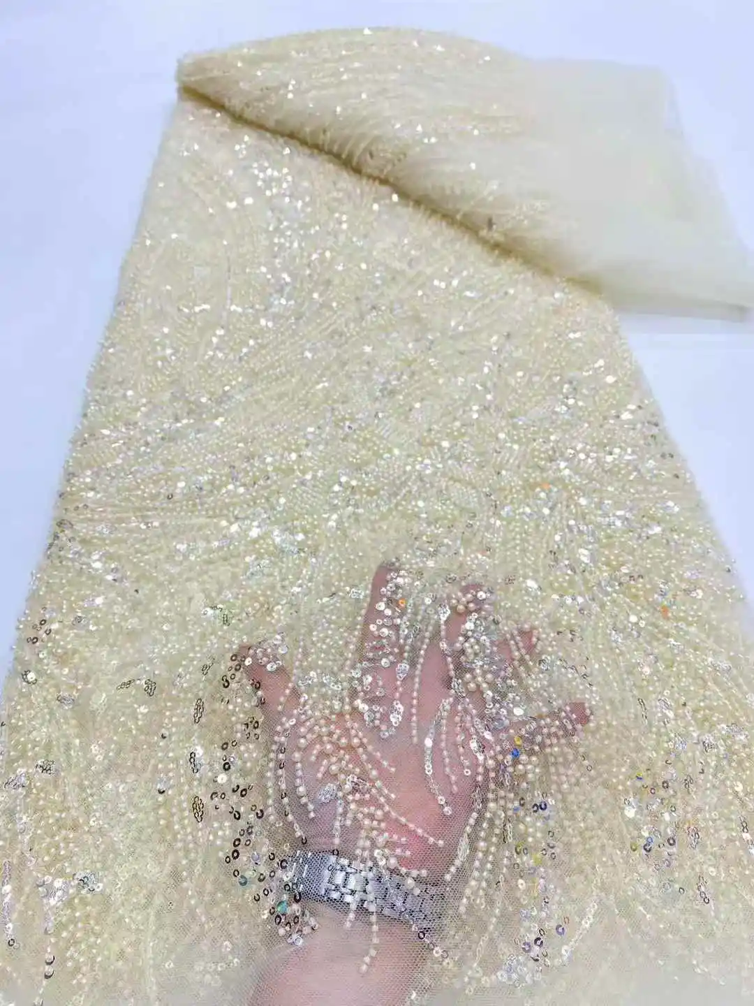 French Beaded Sequins Lace Fabric High Quality 5 Yard Mesh Tulle African Lace Fabric Nigerian Wedding Dress for Women-DP