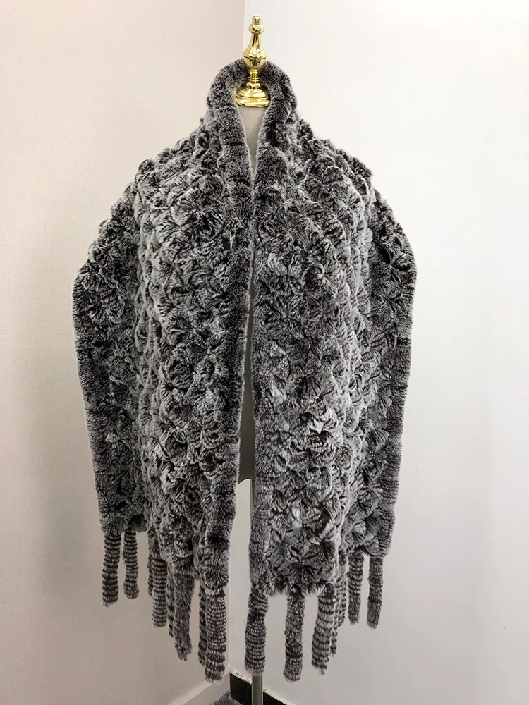 190*36cm Winter Gestrickte Echt Rex Kaninchen Fell Schal mit Tasche Breite Frauen Natürliche Kaninchen Fell Quaste Schal warm Langen Fell Schals – Detail 11