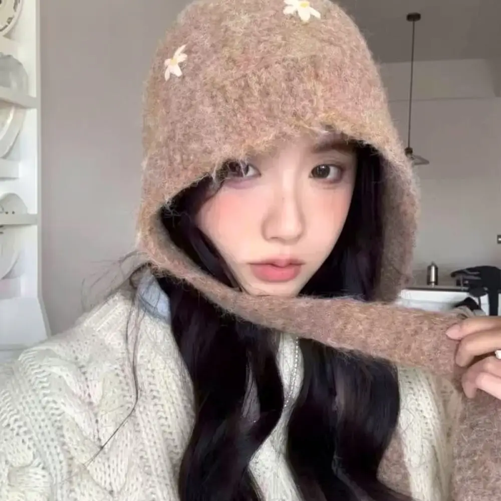 Korean Style Women Winter Knitted Hat Scarf Combo Solid Color Warm Soft Windproof Trendy Outdoor Fashion Cap