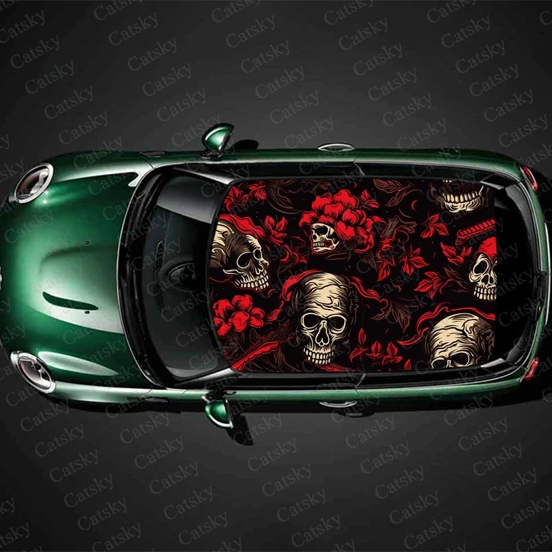 

Skulls with Red Flowers Car Roof Sticker Wrap Racing SUV Accessories Packaging Painted PVC Custom Car Graphic Decal