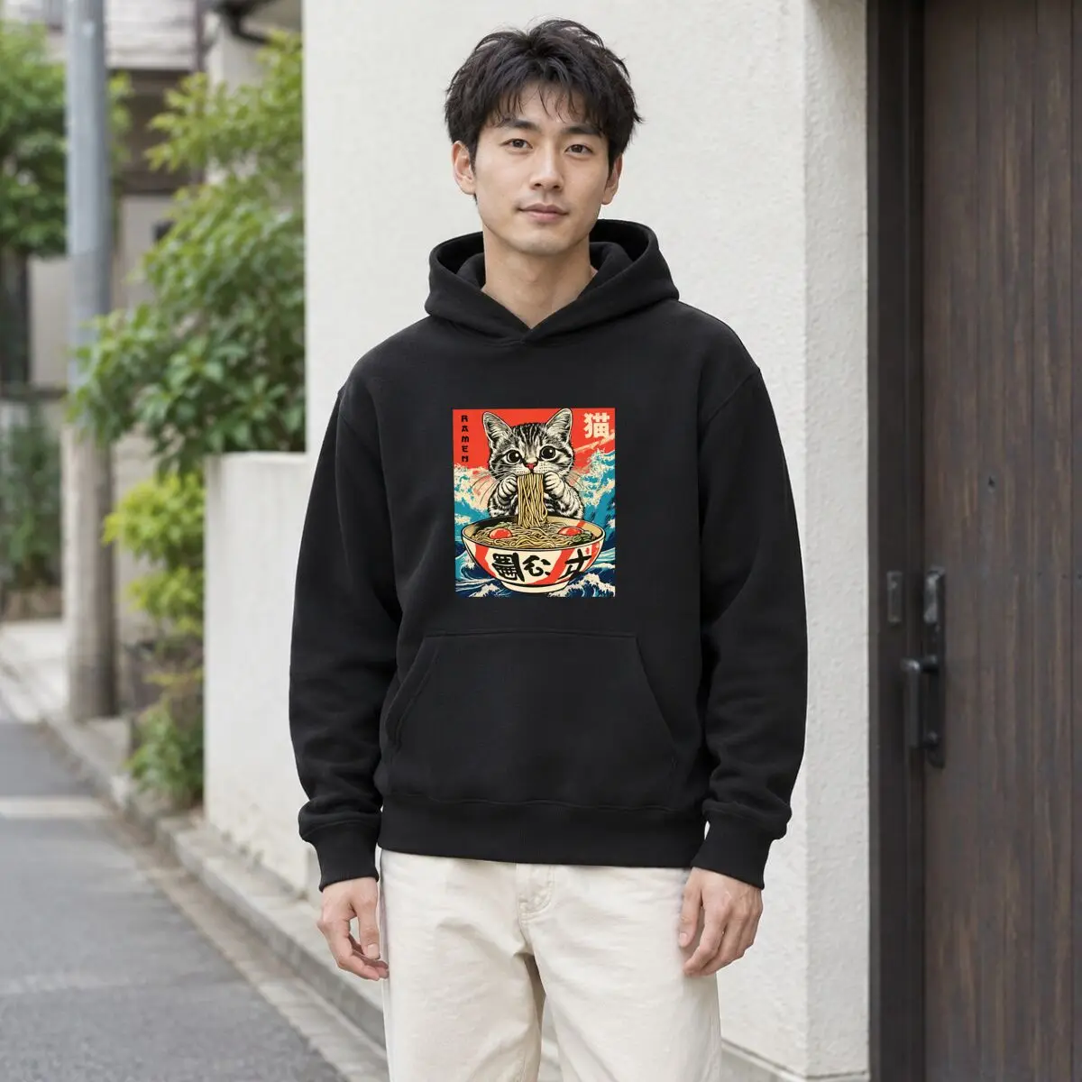 RAMEN Cat Eating Noodles Japanese Wave Graphic Autumn and winter new men's and women's hooded sweatshirts