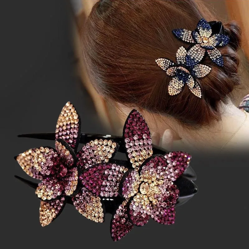 

Stylish Elegant Acrylic Zircon Flower Hairpin Hairpin Korean Hairpin Double Rhinestone Flower Duck-bill Headpin Clip