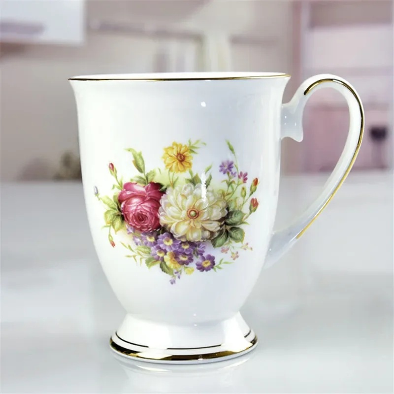 Bone China Coffee Mug Pastoral Household Fine Ceramic Breakfast Milk Cup Fashion Floral Goblet for Tea Beer Whisky Drinkware