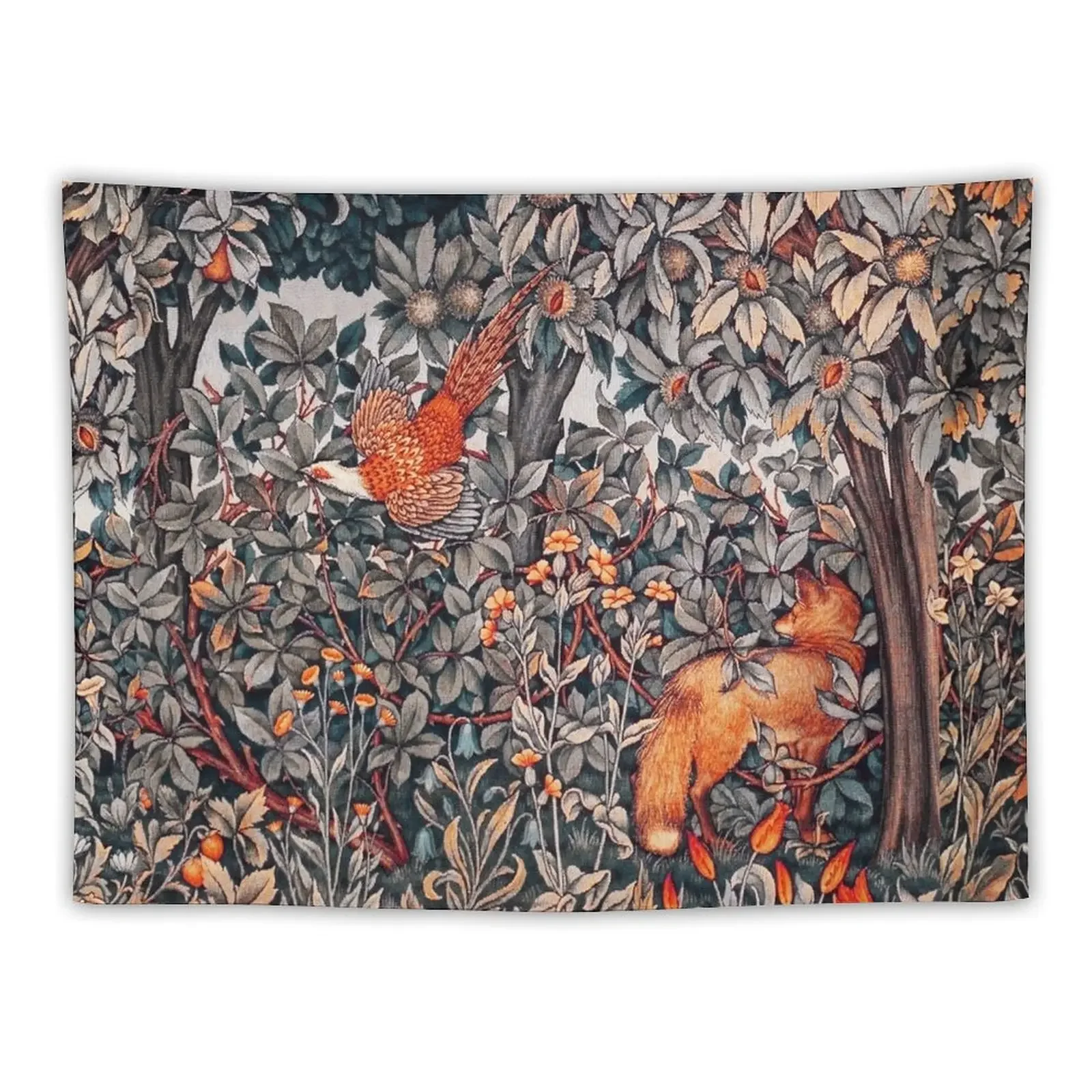 

GREENERY, FOREST ANIMALS Pheasant and Fox Red Black White Floral Tapestry Decorations For Your Bedroom Tapestry