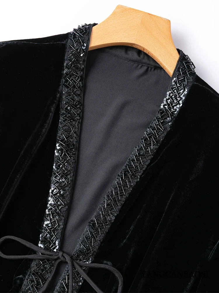 Women's Fashion Autumn New Heavy Duty Nail Bead 30% Natural Mulberry Silk Velvet Black Gorgeous Strap V-neck Loose Coat Cardigan