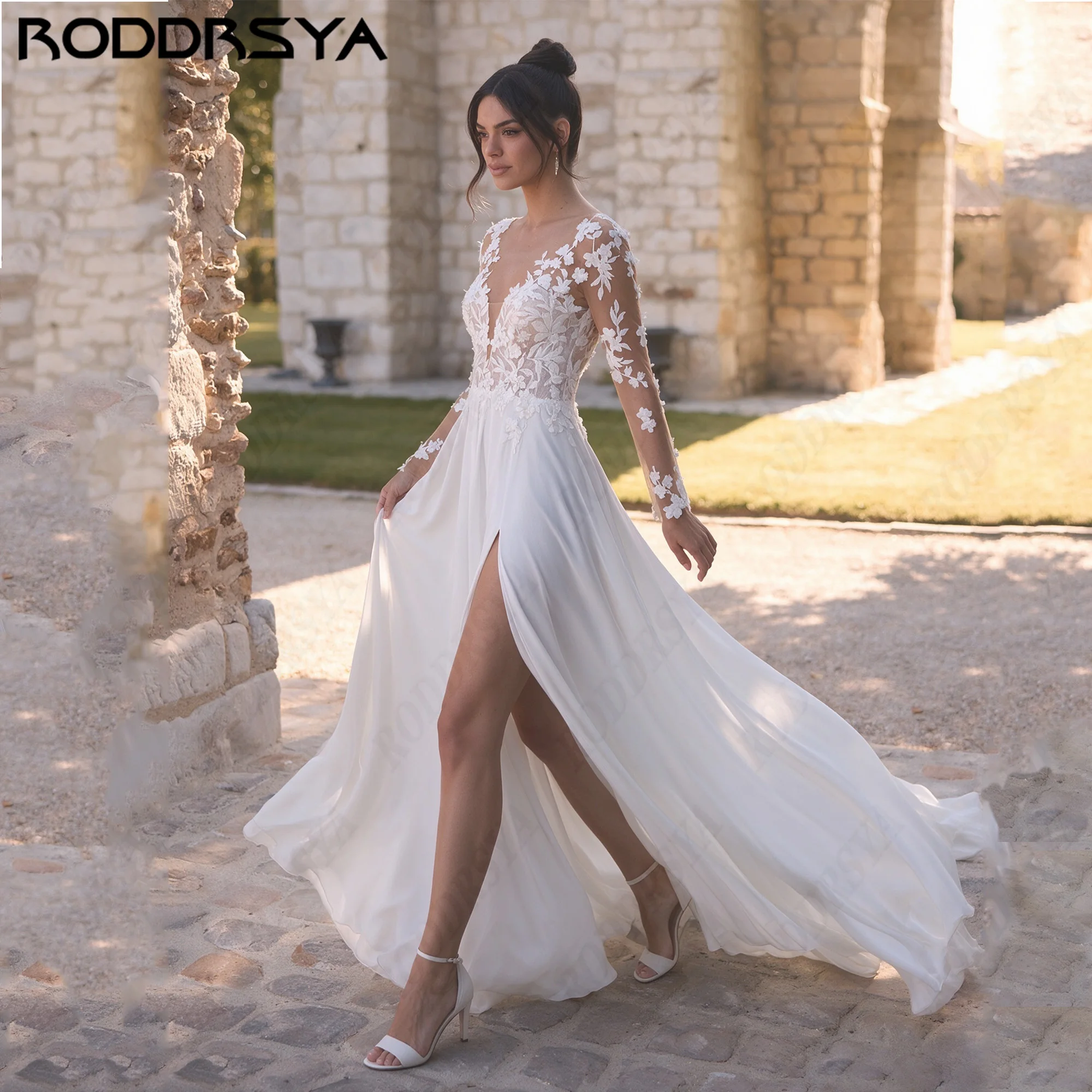 RODDRSYA Customized Long Sleeve Deep V Wedding Dress Lace Appliques Bride Dress Open Back High Slit 2026 Romantic Bridal Gown