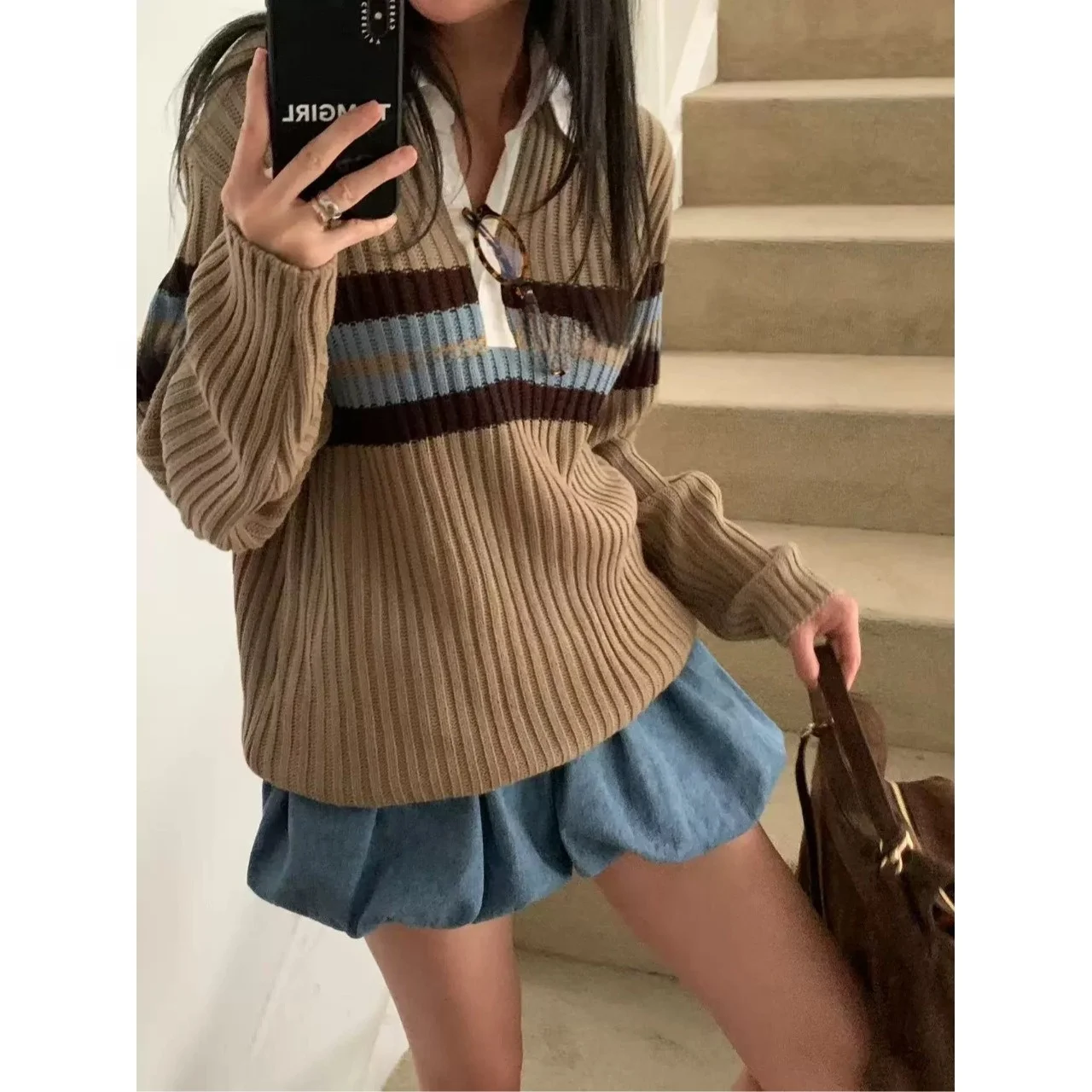 

Casual Knitted Sweater with Ribbing Turn-down Collar Stripes Korean Sle Women's Faion Spring Autumn Winter Streetwear