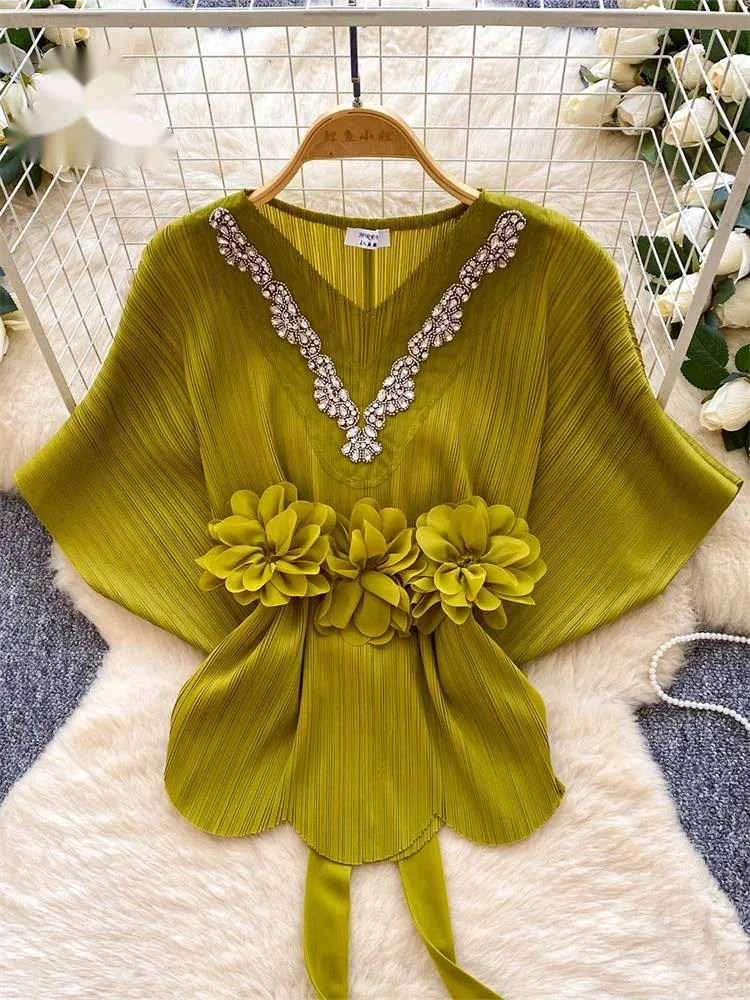 

Элегантная женская блузка с 3D цветочным узором и рукавами «летучая мышь», на шнуровке, приталенная, летняя, офисная, плиссированная, роскошная рубашка