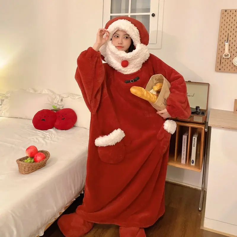 

Santa Claus Pajamas Red Nightgown Funny Jumpsuit Houseware Christmas Sleepwear Role Play Outfit Theme Party for Women Men