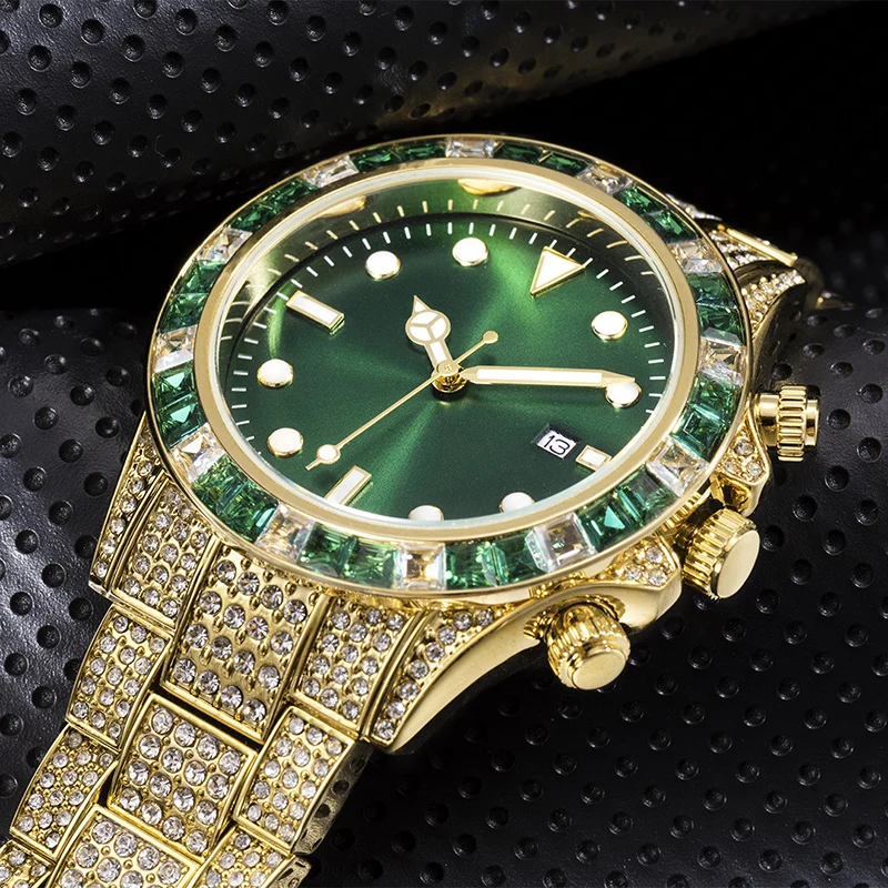 

Мужские часы в стиле хип-хоп, инкрустированные стразами, из нержавеющей стали, светящиеся, с датой, кварцевые, водонепроницаемые, для рэперов, в подарок