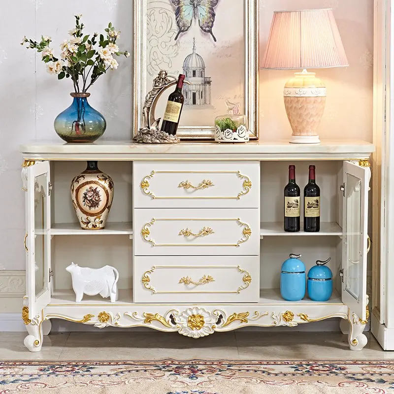 European-style all-solid wood marble dining side cabinet, locker wine cabinet, kitchen tea cabinet, dining room sideboard, livin
