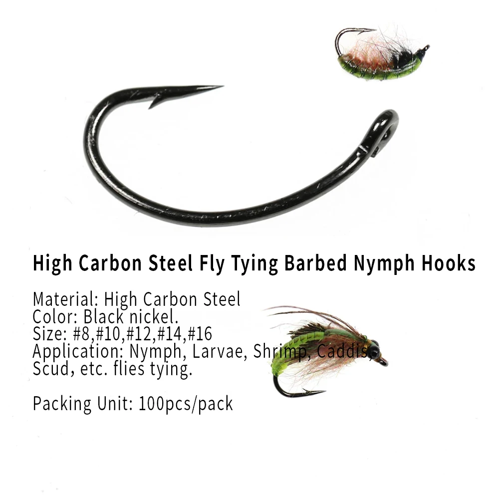 Wifreo 100PCS Fly Tying Hook Nymph Bug Shrimp Scud Pupae Larvae Caddis Flies Fishing Hooks #8~#16 Fly Fishing Hook