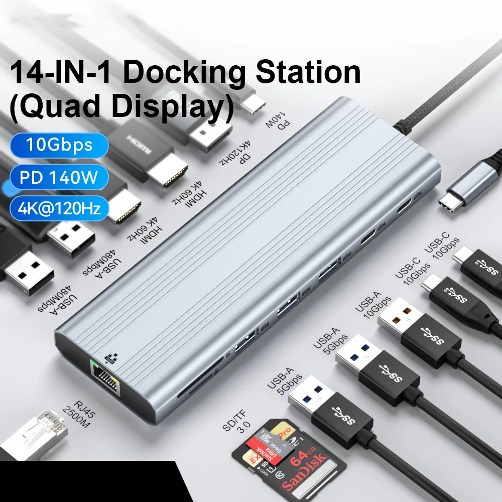 14-in-1 USB-C Docking Station with 2 HDMI 4K 60Hz DP 4K 120Hz Type C 10Gbps Ports, Suitable for Connecting Laptops to Displays