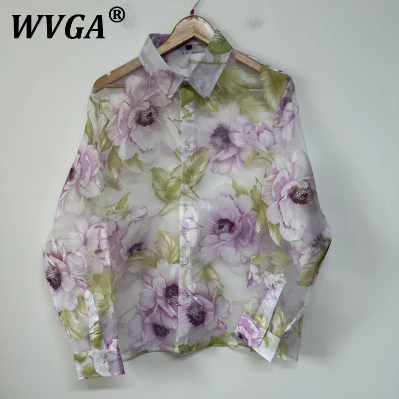

WVGA Spring Summer New Man High Street Organza Printed Sheer Layered Design Long Sleeve Shirts Niche Chic Casual Shirt Ins W8596