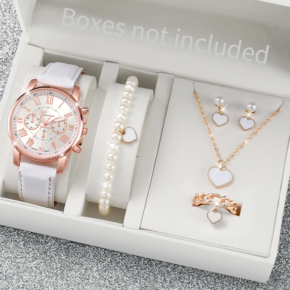 

5PCS/Set Women Watch Heart Pearls Jewelry Set Fashion Leather Band Quartz Wristwatches Without Box