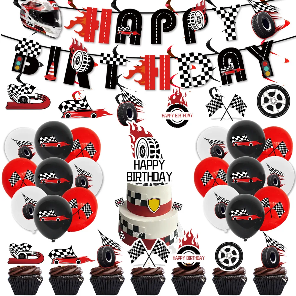 Racing Themed Party Supplies Boy Racing Birthday Decorations Disposable Wheel Paper Plate Banner Balloon Cup Cake Topper