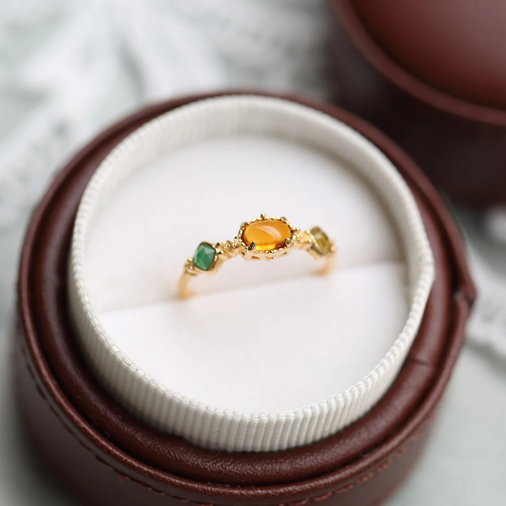 LAMOON Vintage Natural Amber Ring For Women Citrine Peridot Gemstone Rings 925 Sterling Silver K Gold Plated Dropshipping RI175