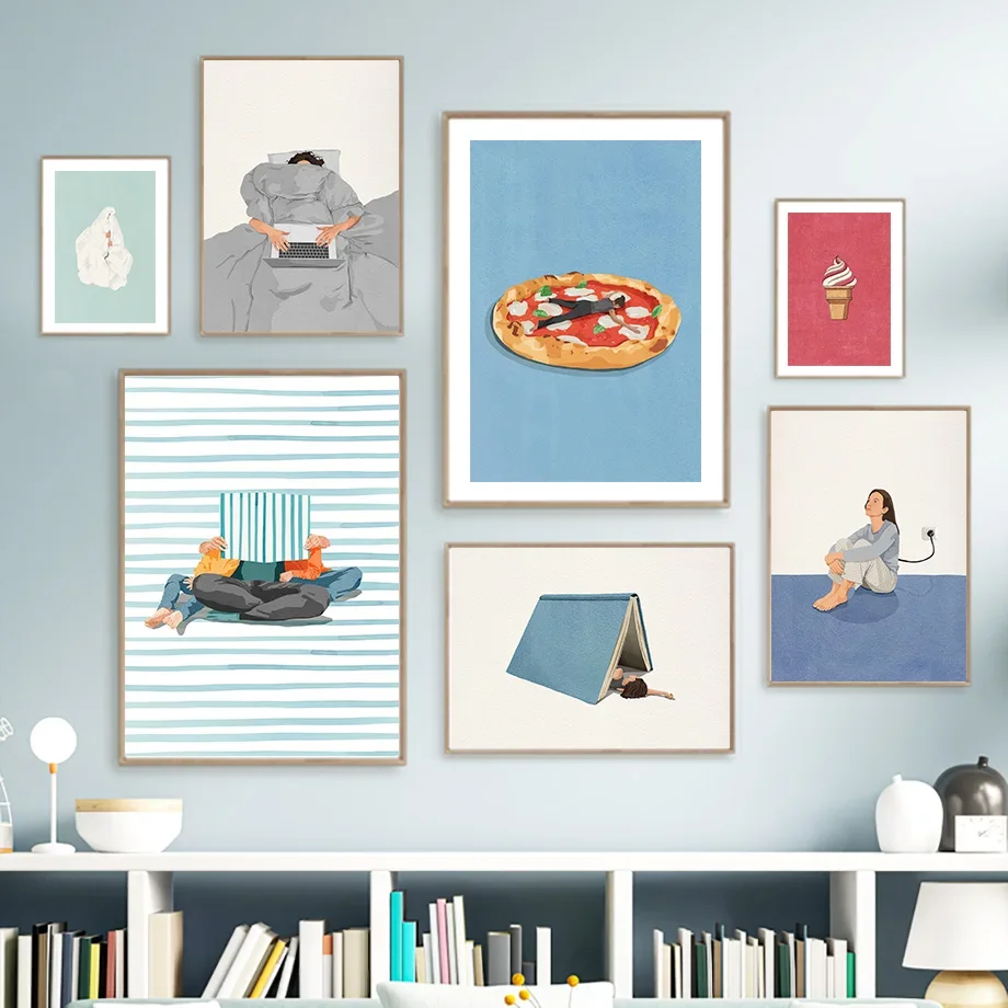 Humorous Funny Charge Coffee Read Sleep Cooking Pizza Poster Art Print Canvas Painting Wall Pictures Living Room Home ation