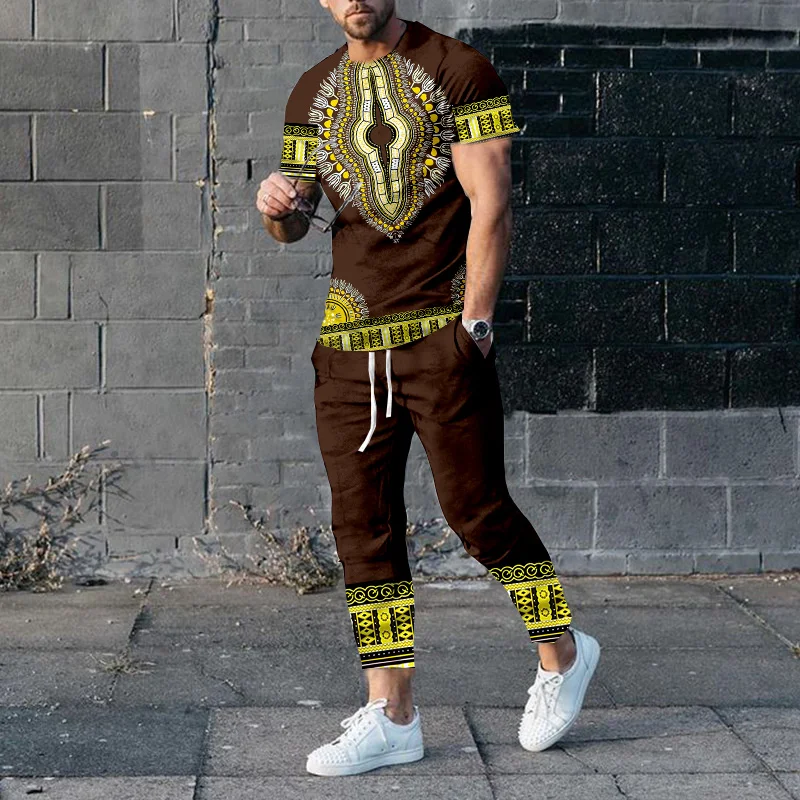 African Dashiki T-Shirts Sweatpants Sets Ethnic Style 3D Print Men's Oversized Short Sleeve T Shirt Trousers Set Clothing Suits 