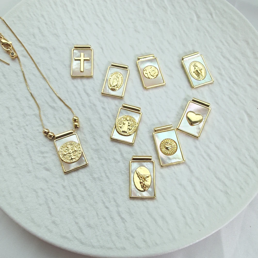 5 pcs/lot New Coming Square Religious necklace Catholic Gold Plated Brass Shell Saint Benito Guadalupe Pendant Necklace Jewelry