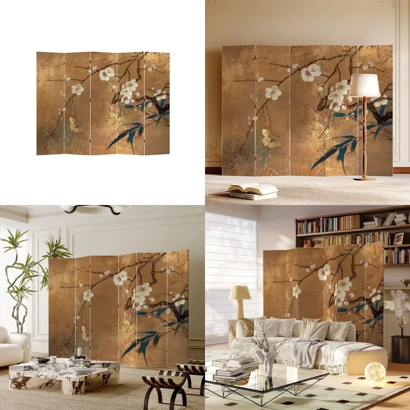 Foldable French Medieval Plum Blossom Room Divider Screen Opaque Mobile Partition for Living Room Study Tea Space Bedroom