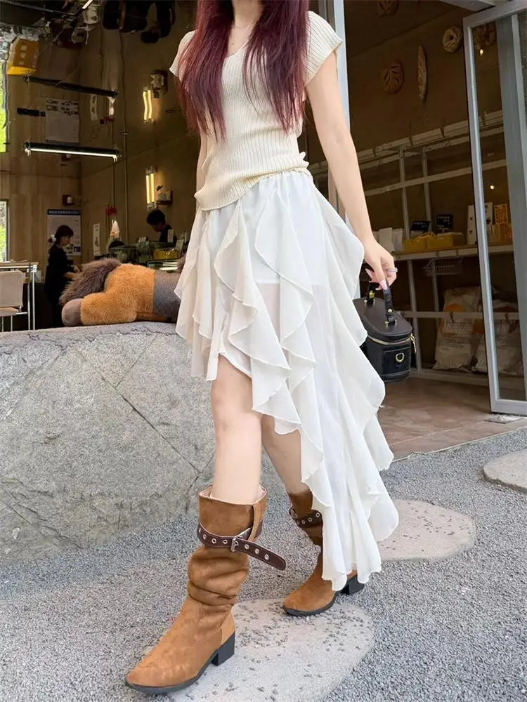 Korean Style Half Skirt Puffy Uneven Short Skirt Women's High Waist Slim A-Line Skirt Commute Style Casual Micro Elastic