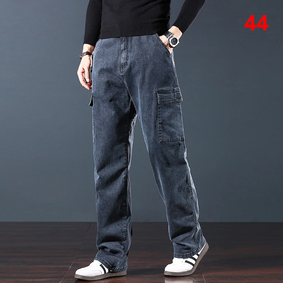 Vintage Straight Jeans Men 44 Plus Size Multi-pocket Cargo Denim Pants Fashion Casual Solid Color Jeans Male
