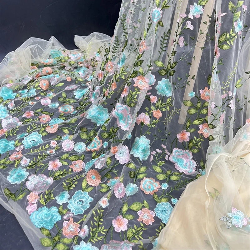 3d立体ローズ花柄刺繍メッシュチュール生地-1ヤード-レース生地-ウェディングドレス-ブライダルドレス-diy衣料縫製材料